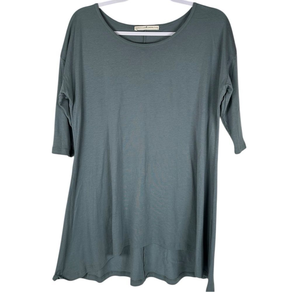 Peruvian Connection Gray Blue Half Sleeve Hi-Low Lagenlook Tunic Top Size Medium